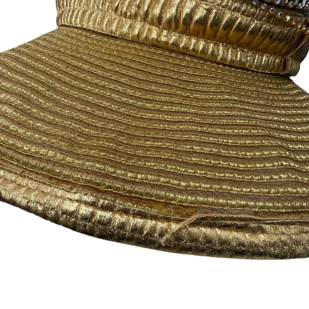 Shellie McDowell NY Gold Metallic Wide Brim Hat Lawrence Vrba Crystal Brooch